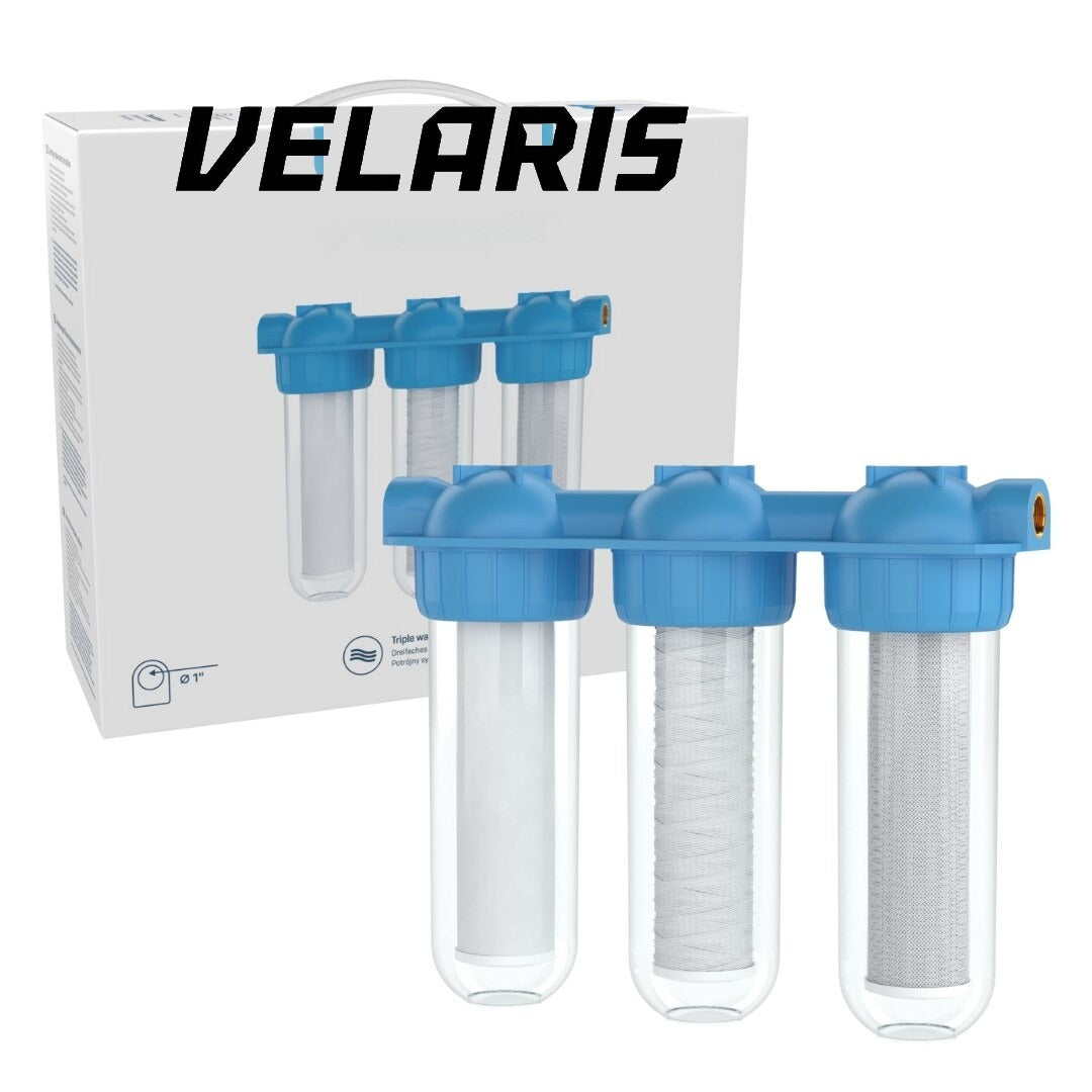 Sistem de Filtrare Apa Triplu 3/4", 3 Trepte cu Carbone Activ, Bumbac si Sita, Microfiltrare 5 Microni, 34.5 cm, Alb/Albastru