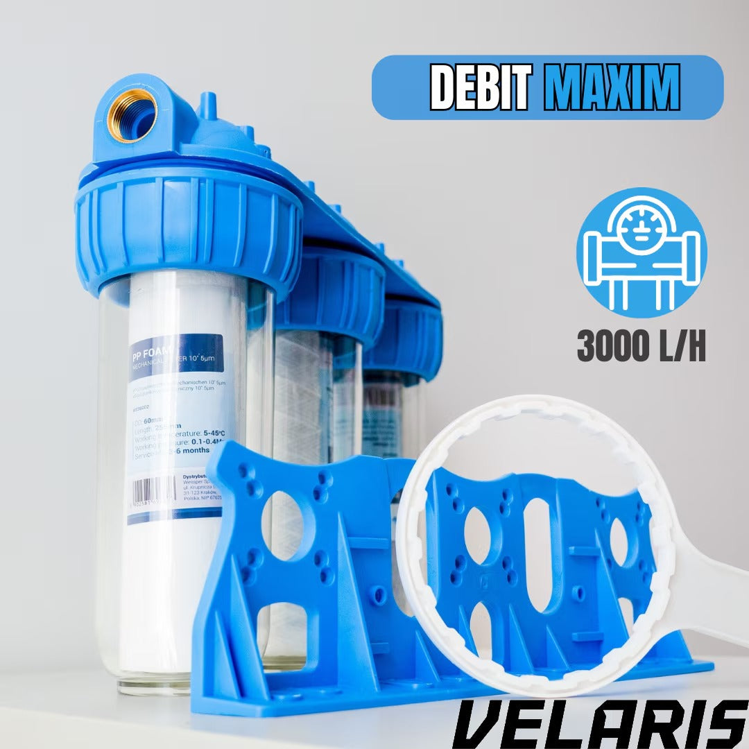 Sistem de Filtrare Apa Triplu 3/4", 3 Trepte cu Carbone Activ, Bumbac si Sita, Microfiltrare 5 Microni, 34.5 cm, Alb/Albastru