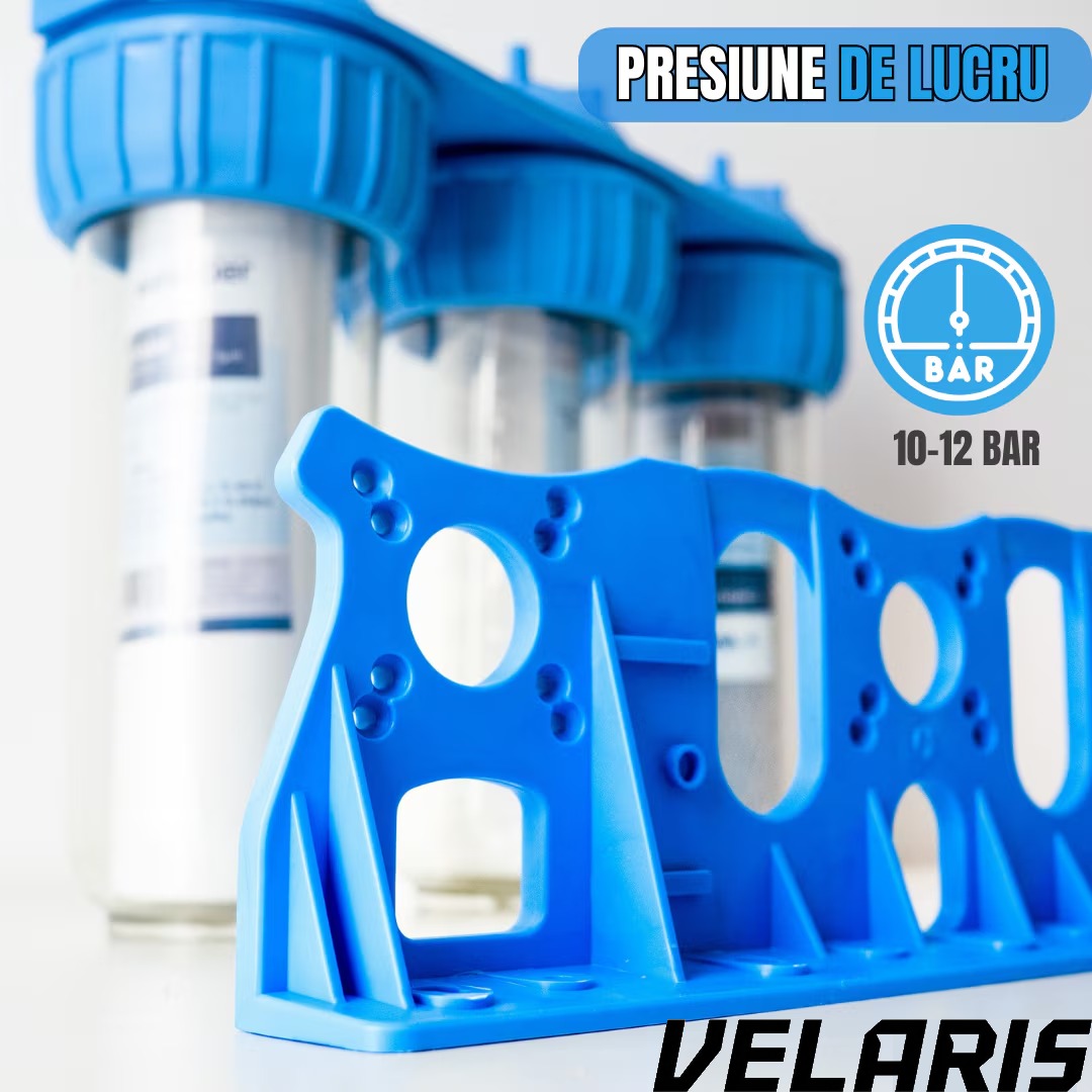Sistem de Filtrare Apa Triplu 3/4", 3 Trepte cu Carbone Activ, Bumbac si Sita, Microfiltrare 5 Microni, 34.5 cm, Alb/Albastru