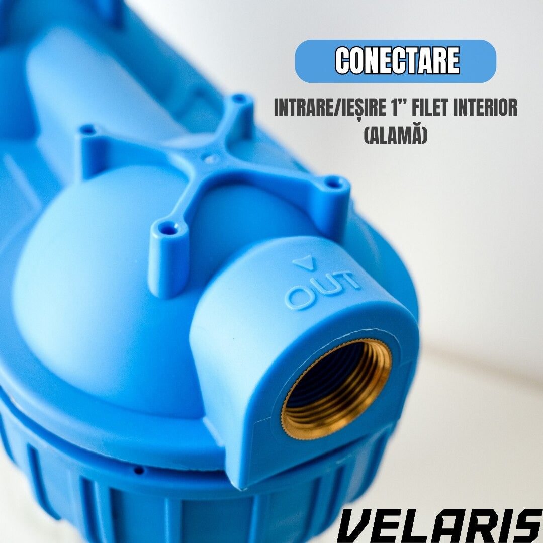 Sistem de Filtrare Apa Triplu 3/4", 3 Trepte cu Carbone Activ, Bumbac si Sita, Microfiltrare 5 Microni, 34.5 cm, Alb/Albastru