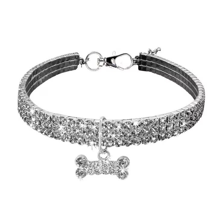 Zgardă cu cristale strălucitoare pentru câini mici, design elegant, reglabilă, argintiu