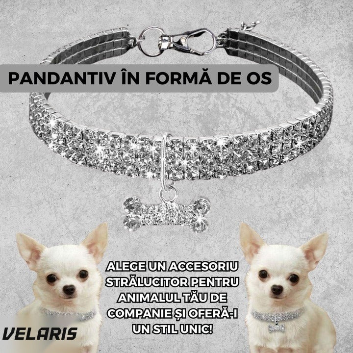 Zgardă cu cristale strălucitoare pentru câini mici, design elegant, reglabilă, argintiu