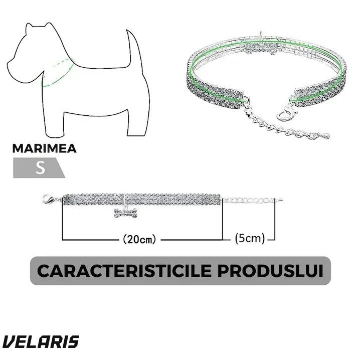 Zgardă cu cristale strălucitoare pentru câini mici, design elegant, reglabilă, argintiu