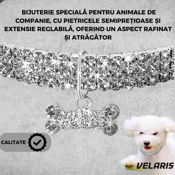 Zgardă cu cristale strălucitoare pentru câini mici, design elegant, reglabilă, argintiu