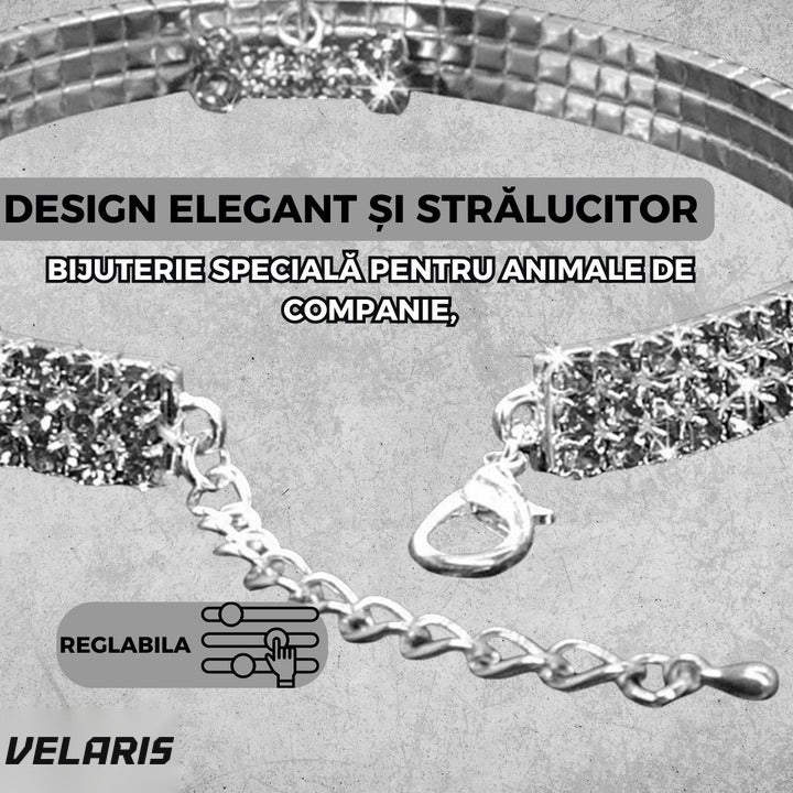 Zgardă cu cristale strălucitoare pentru câini mici, design elegant, reglabilă, argintiu