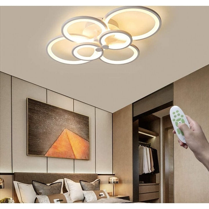 Candelabru LED inteligent 6 cercuri 160W, telecomandă și aplicație, lumină caldă/rece, 70x58 cm