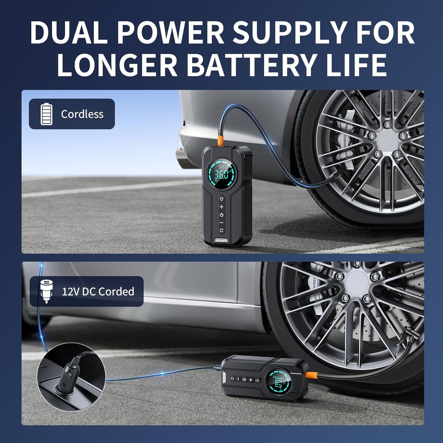 Compresor portabil inteligent pentru mașină, multifuncțional, 6000mAh, 180PSI, lanternă SOS LED și accesorii