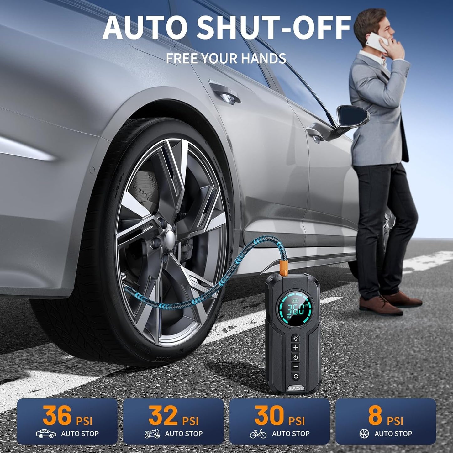 Compresor portabil inteligent pentru mașină, multifuncțional, 6000mAh, 180PSI, lanternă SOS LED și accesorii