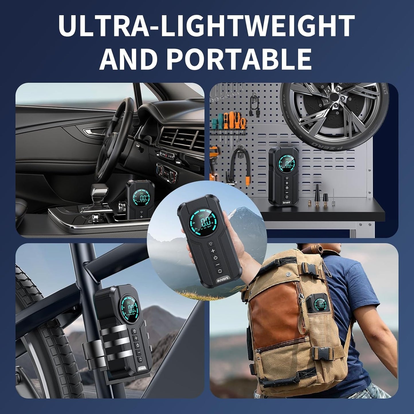 Compresor portabil inteligent pentru mașină, multifuncțional, 6000mAh, 180PSI, lanternă SOS LED și accesorii