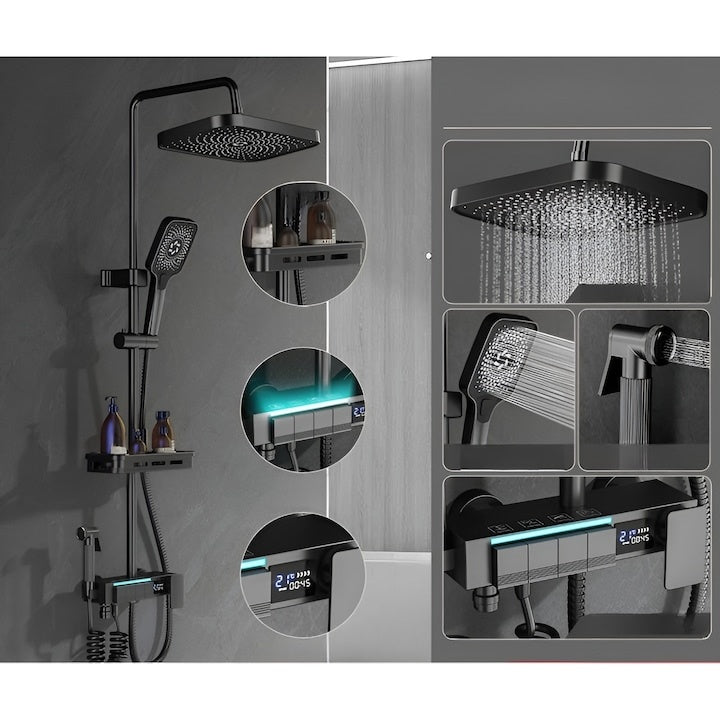 Coloană duș inteligentă, display LED, termostatic, 4 moduri apă, Gun Grey, fără electricitate
