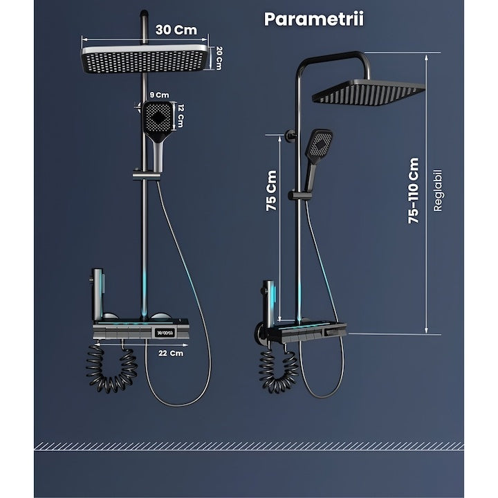 Coloană duș inteligentă, display LED, termostatic, 4 moduri apă, Gun Grey, fără electricitate