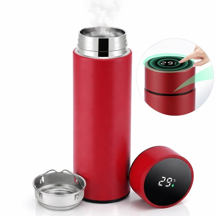 Termos smart 500 ml cu infuzor, perete dublu și afișaj LED temperatură, roșu