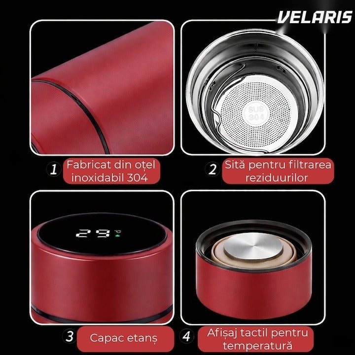Termos smart 500 ml cu infuzor, perete dublu și afișaj LED temperatură, roșu