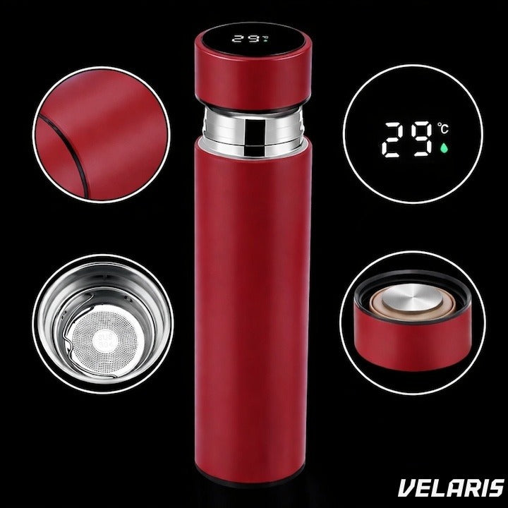 Termos smart 500 ml cu infuzor, perete dublu și afișaj LED temperatură, roșu