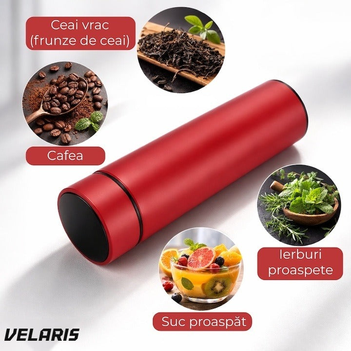 Termos smart 500 ml cu infuzor, perete dublu și afișaj LED temperatură, roșu