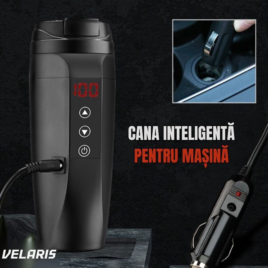 Cană termos smart cu display temperatură, oțel inoxidabil, încărcare auto 12V/24V, 0.45L, negru