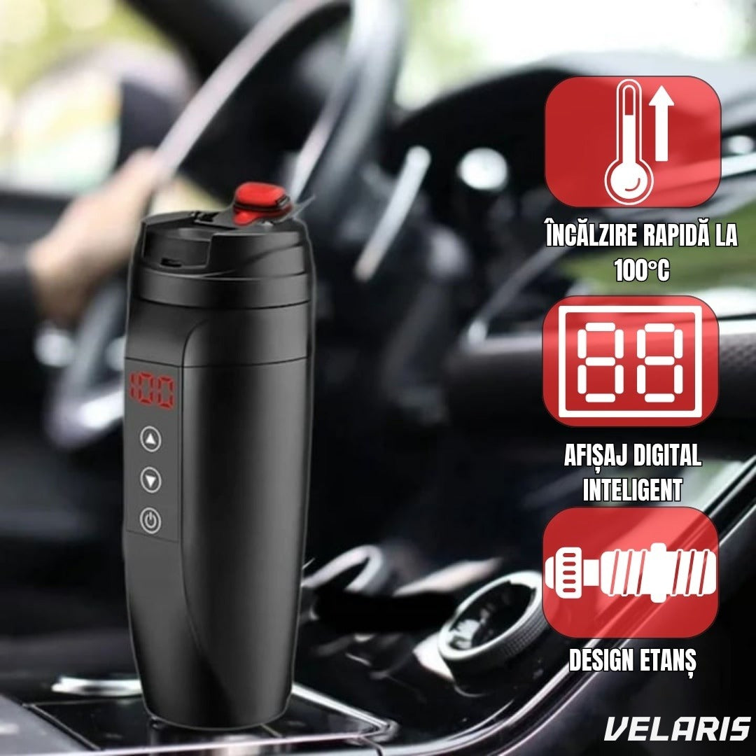 Cană termos smart cu display temperatură, oțel inoxidabil, încărcare auto 12V/24V, 0.45L, negru