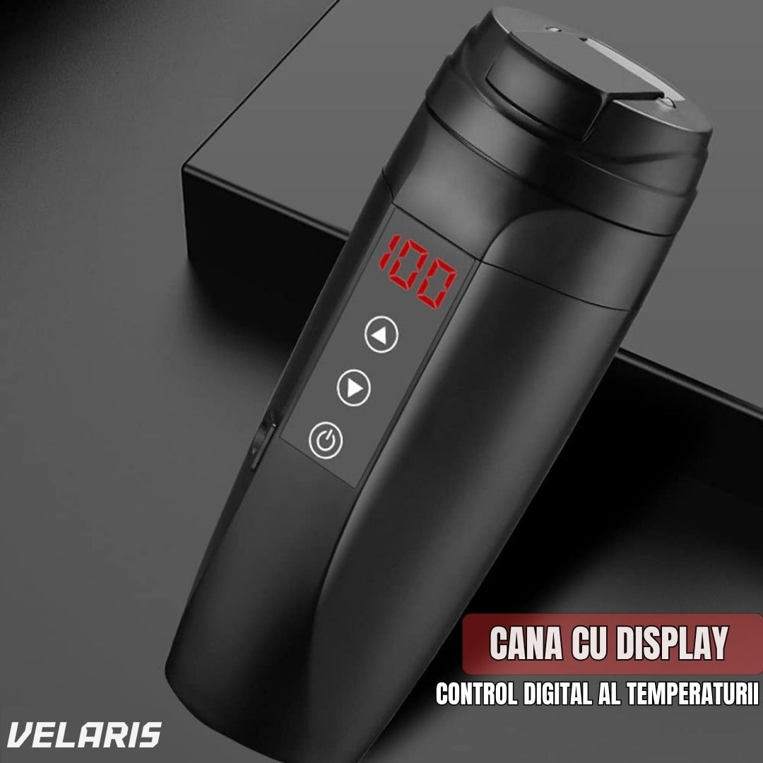 Cană termos smart cu display temperatură, oțel inoxidabil, încărcare auto 12V/24V, 0.45L, negru