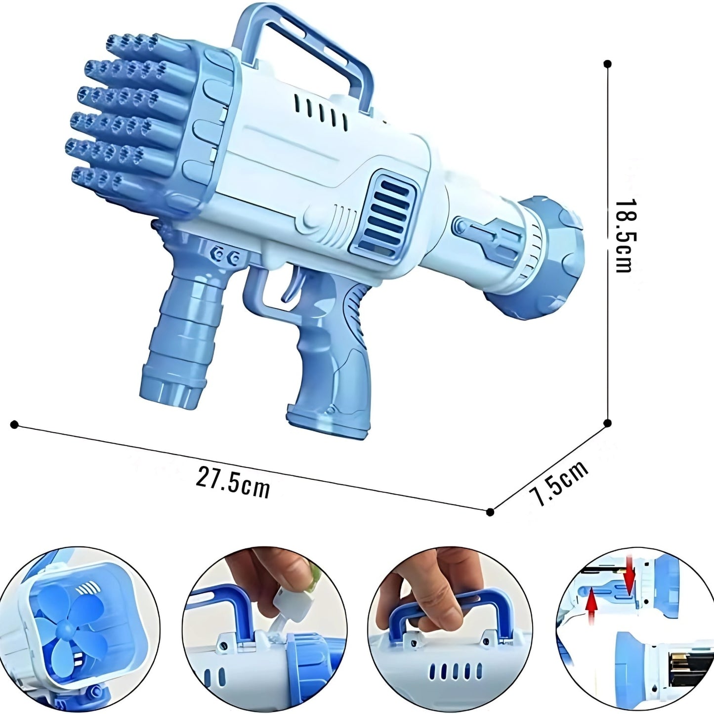 Pistol baloane de săpun cu LED, ventilator, 32 găuri, albastru