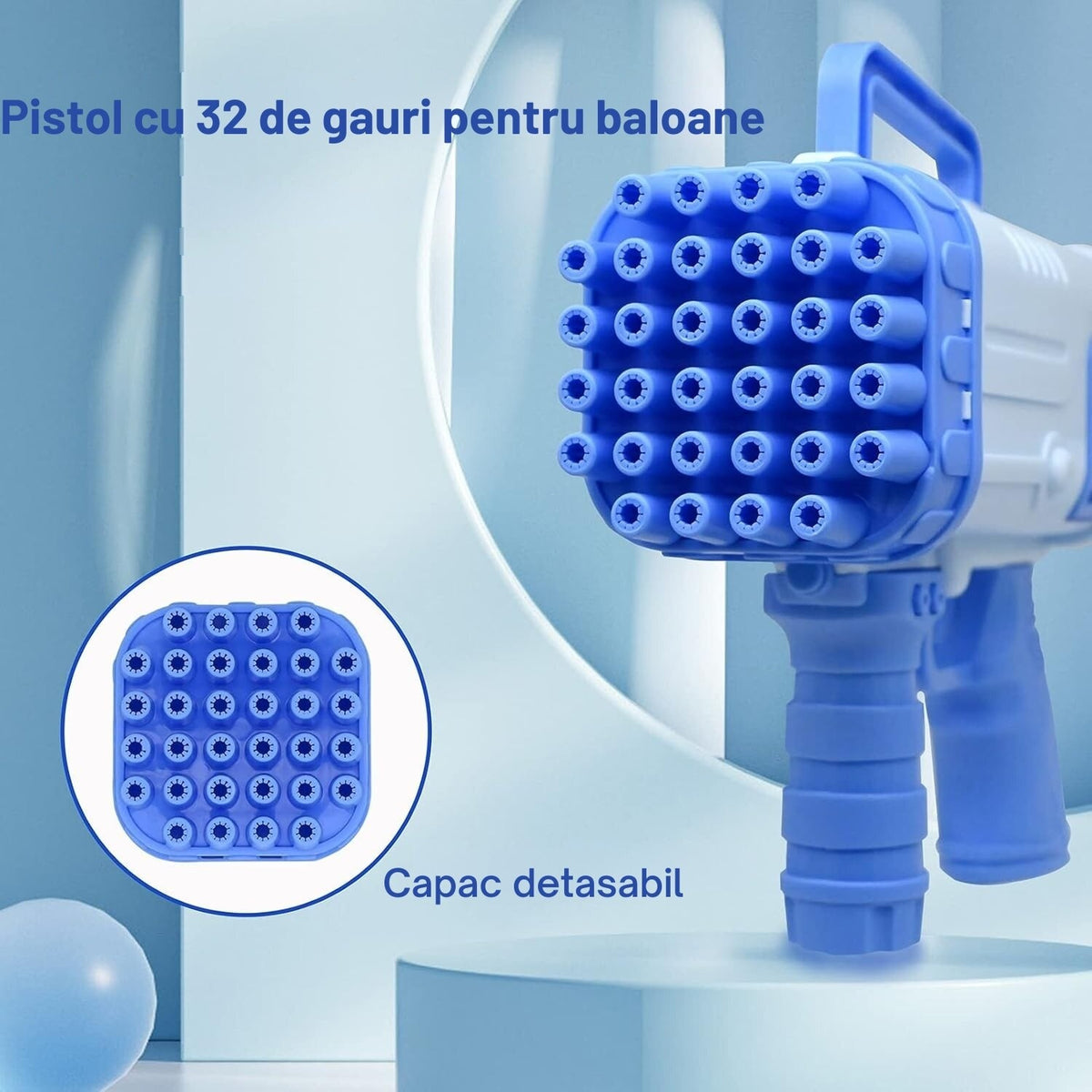 Pistol baloane de săpun cu LED, ventilator, 32 găuri, albastru