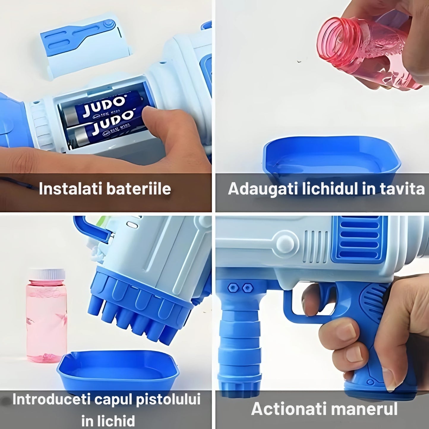 Pistol baloane de săpun cu LED, ventilator, 32 găuri, albastru