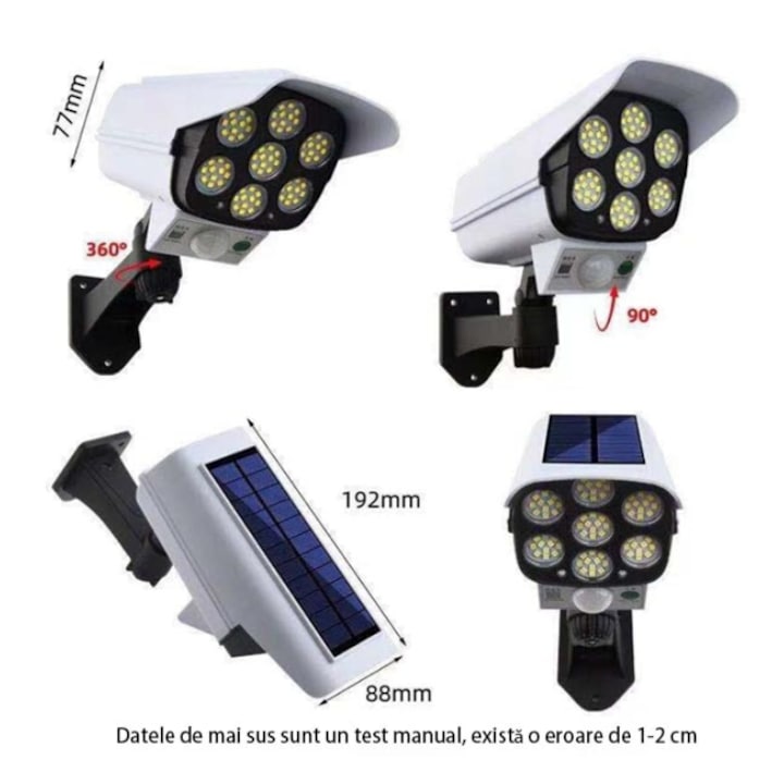 Lampă solară cu cameră falsă, senzor de mișcare, 77 LED-uri SMD, 3 moduri iluminare
