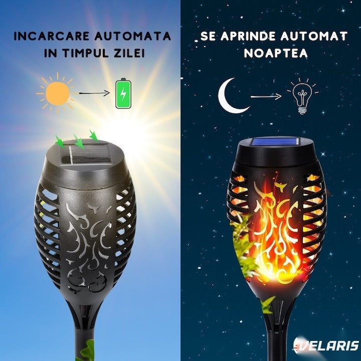 Lampă solară HOME MX 300, 72 LED-uri efect flacără, acumulator 1200mAh, senzor amurg, rezistentă la apă