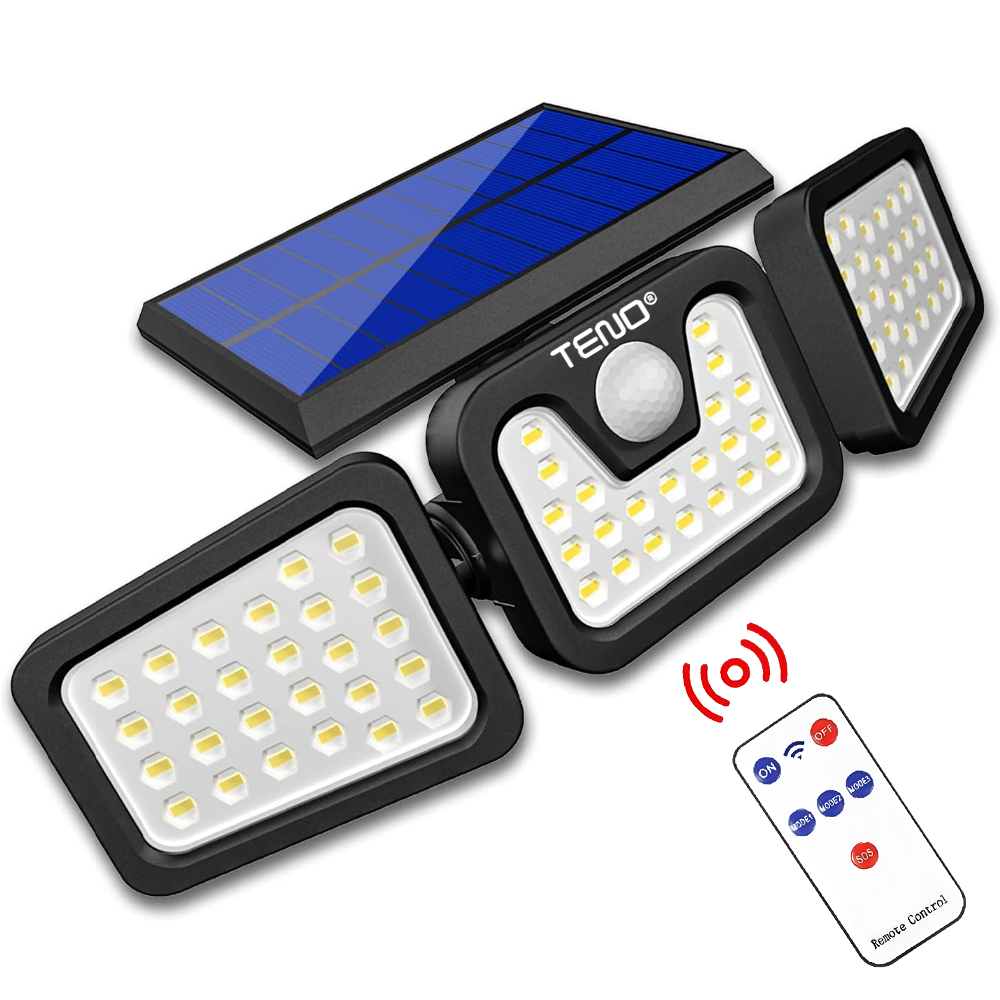 Lampa solara tripla, 72 LED, senzor miscare, IP67, neagra