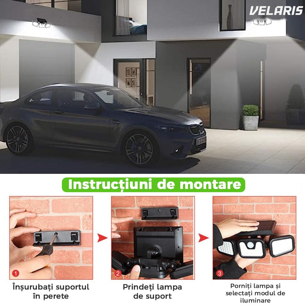 Lampa solara tripla, 72 LED, senzor miscare, IP67, neagra