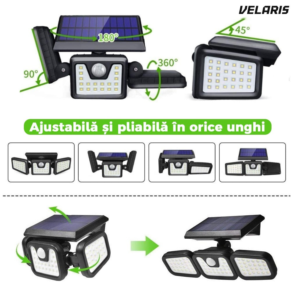 Lampa solara tripla, 72 LED, senzor miscare, IP67, neagra