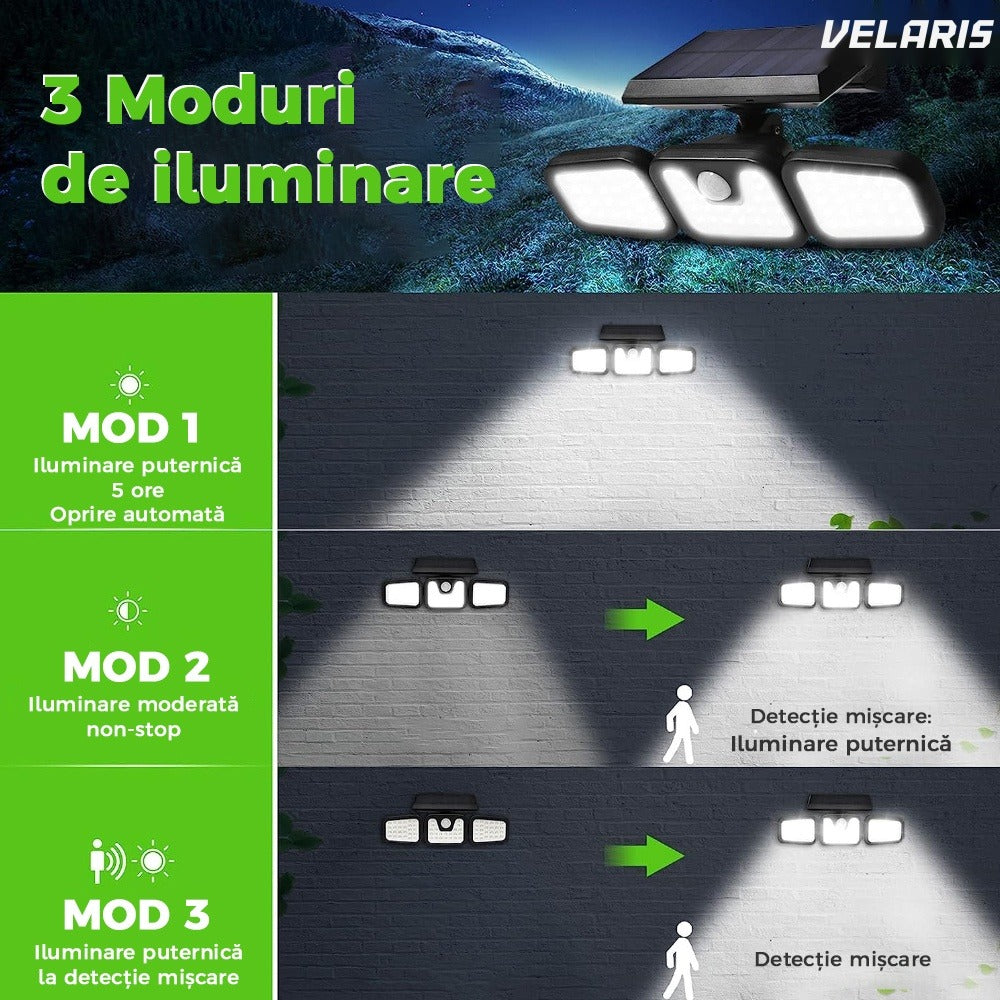Lampa solara tripla, 72 LED, senzor miscare, IP67, neagra