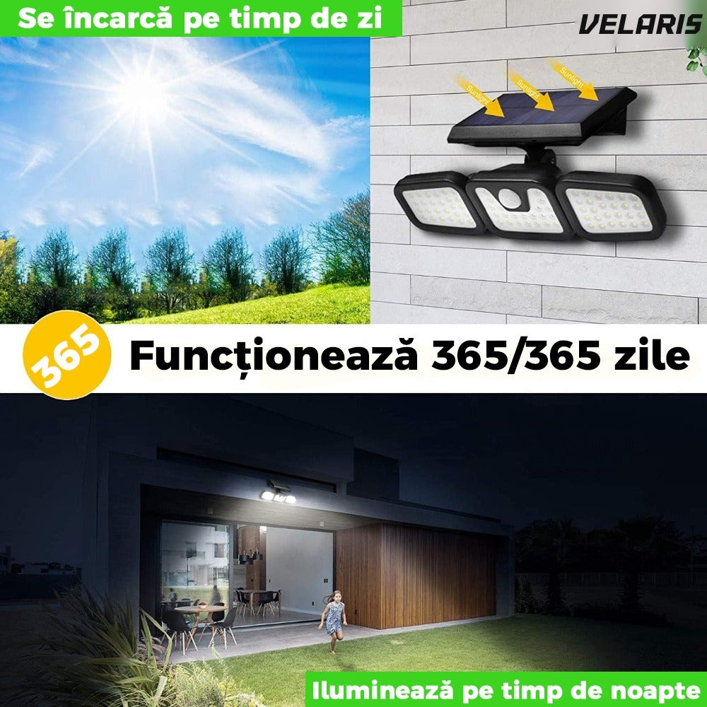 Lampa solara tripla, 72 LED, senzor miscare, IP67, neagra