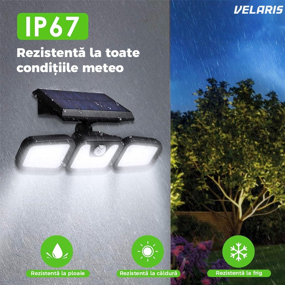 Lampa solara tripla, 72 LED, senzor miscare, IP67, neagra