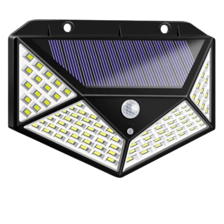 Lampă solară cu 100 LED-uri, senzor de mișcare PIR, unghi 270°, IP65, 600 lm