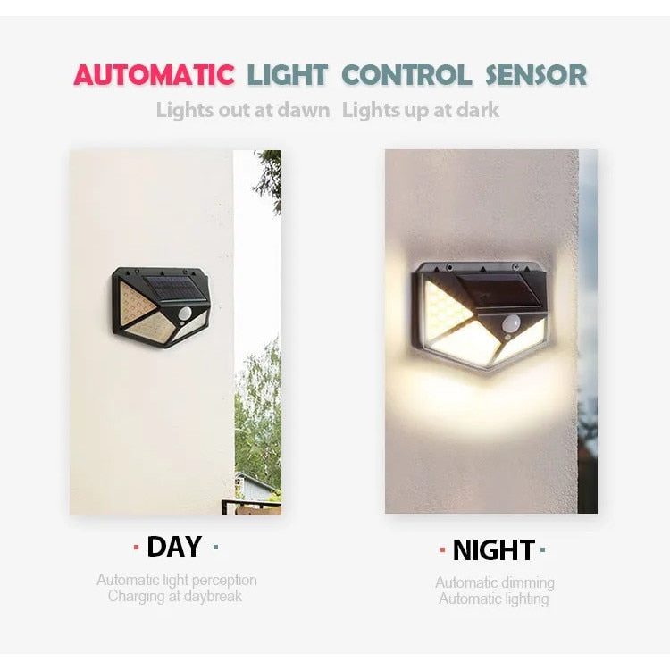 Lampă solară cu 100 LED-uri, senzor de mișcare PIR, unghi 270°, IP65, 600 lm