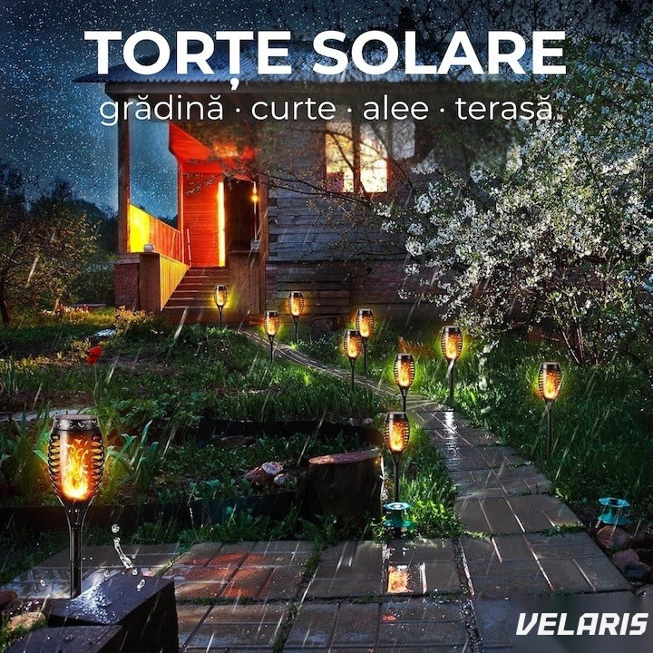 Torță solară LED cu 96 LED-uri, efect flacără, senzor lumină, rezistentă la intemperii, negru