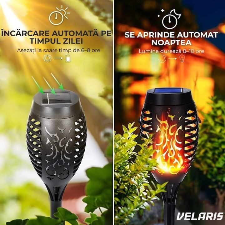 Torță solară LED cu 96 LED-uri, efect flacără, senzor lumină, rezistentă la intemperii, negru