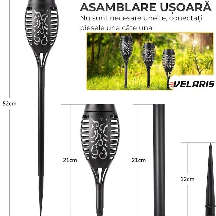 Torță solară LED cu 96 LED-uri, efect flacără, senzor lumină, rezistentă la intemperii, negru