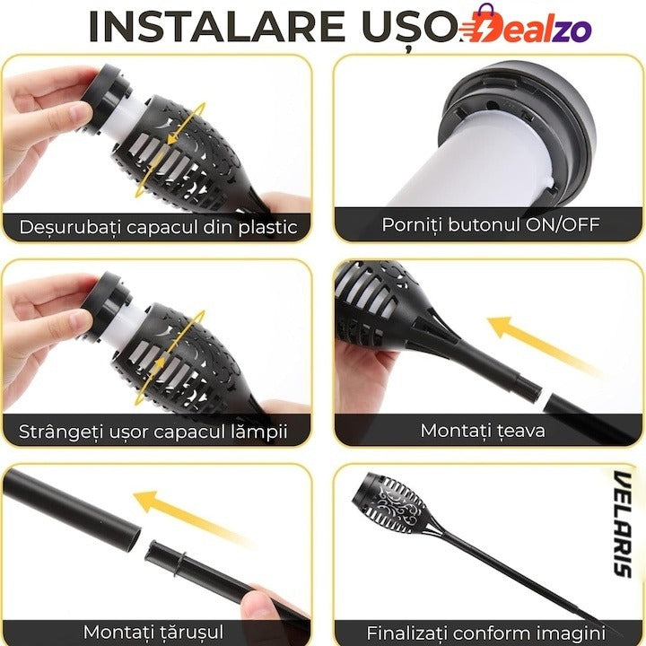 Torță solară LED cu 96 LED-uri, efect flacără, senzor lumină, rezistentă la intemperii, negru