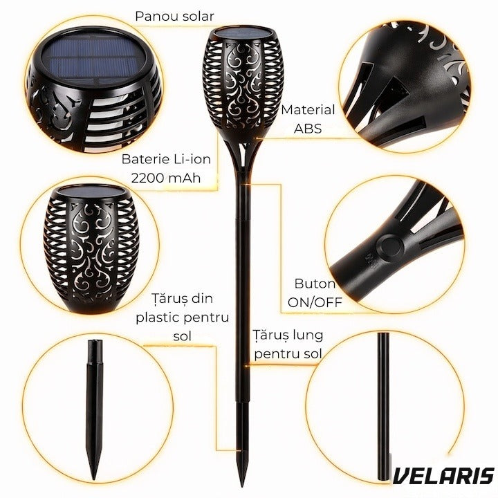 Torță solară LED cu 96 LED-uri, efect flacără, senzor lumină, rezistentă la intemperii, negru