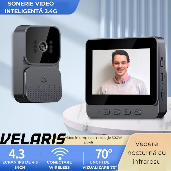 Sonerie video wireless cu camera si monitor IPS 4, 3 inch interfon bidirectional fara WiFi, vedere nocturna IR, stocare pe card SD, instalare rapida
