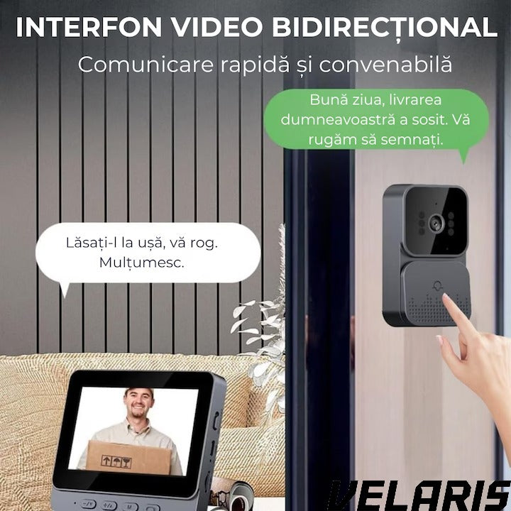 Sonerie video wireless cu camera si monitor IPS 4, 3 inch interfon bidirectional fara WiFi, vedere nocturna IR, stocare pe card SD, instalare rapida