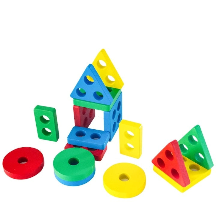 Jucărie de sortare din lemn pentru copii, 16 piese, forme geometrice, 4 coloane de sortare