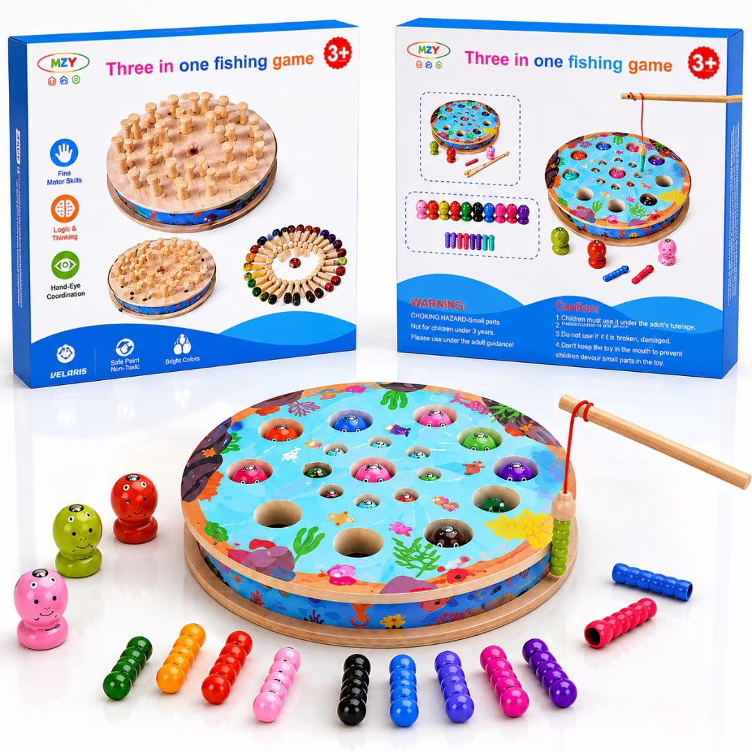 Joc educativ 3-în-1 Sosar® din lemn: pescuit magnetic, șah și sortare culori