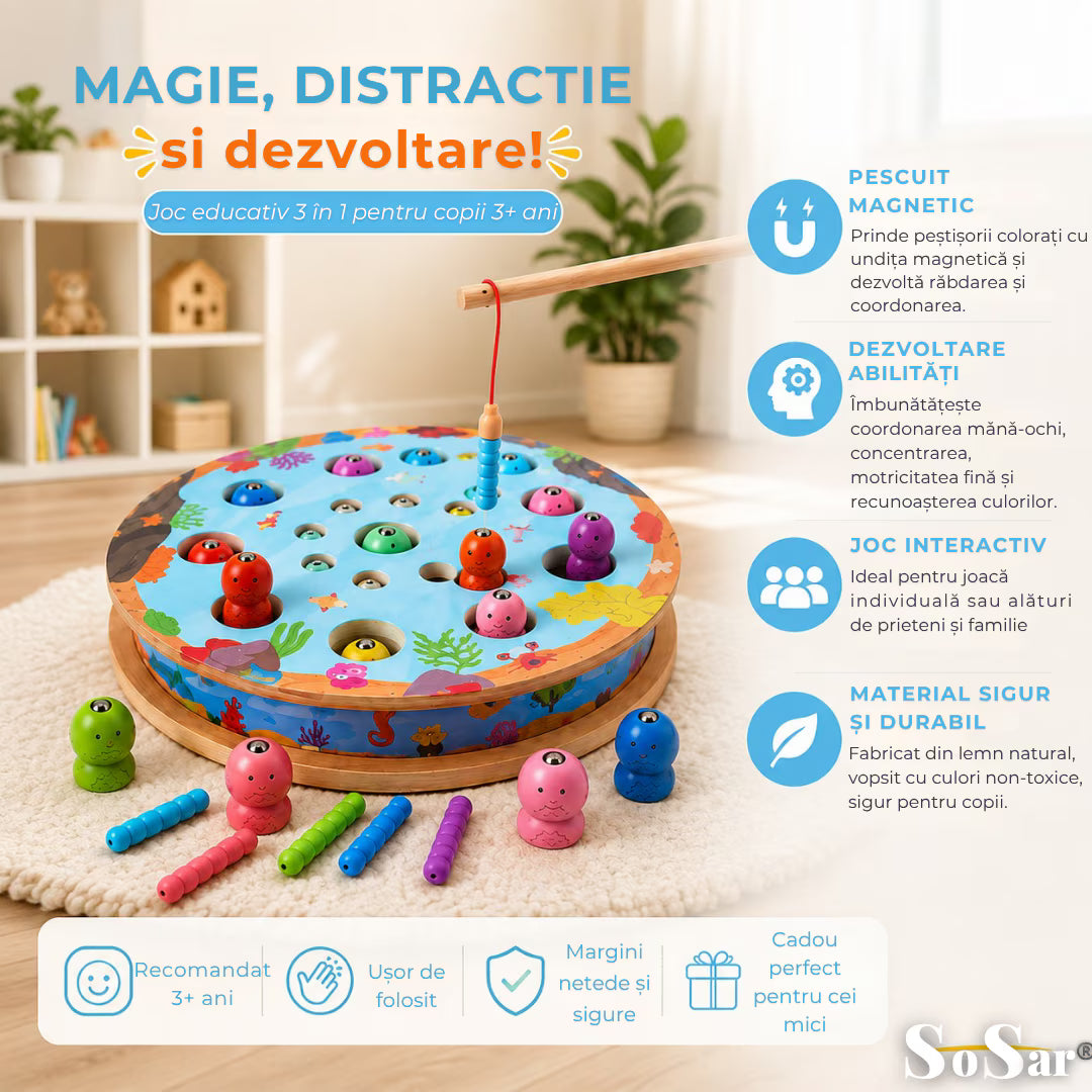 Joc educativ 3-în-1 Sosar® din lemn: pescuit magnetic, șah și sortare culori