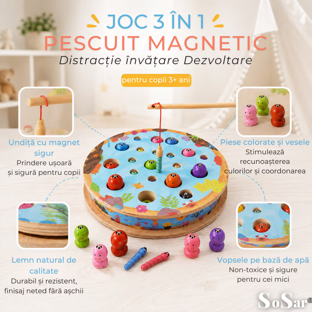 Joc educativ 3-în-1 Sosar® din lemn: pescuit magnetic, șah și sortare culori