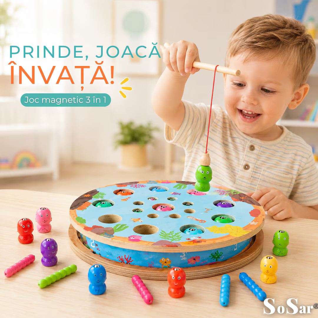 Joc educativ 3-în-1 Sosar® din lemn: pescuit magnetic, șah și sortare culori