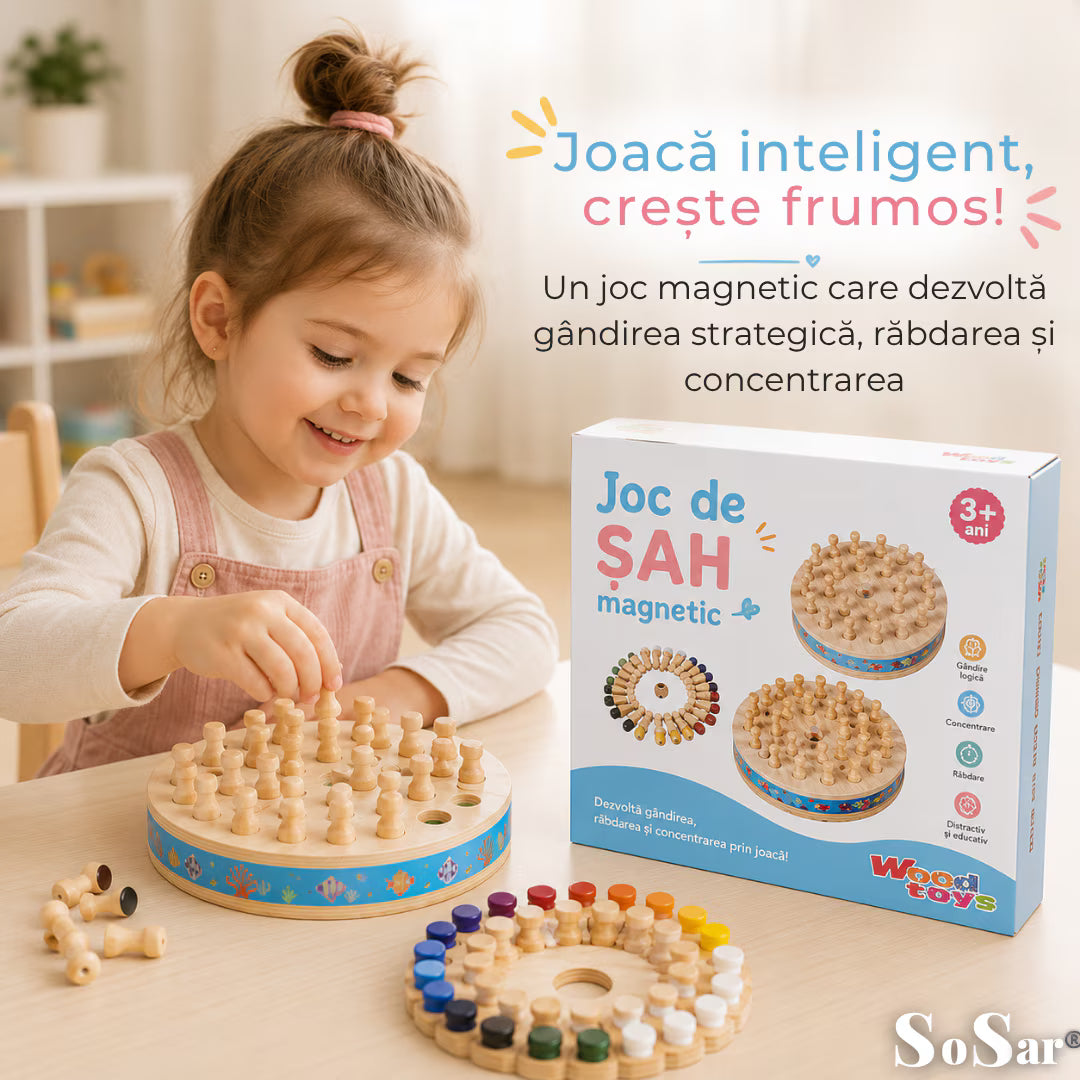 Joc educativ 3-în-1 Sosar® din lemn: pescuit magnetic, șah și sortare culori