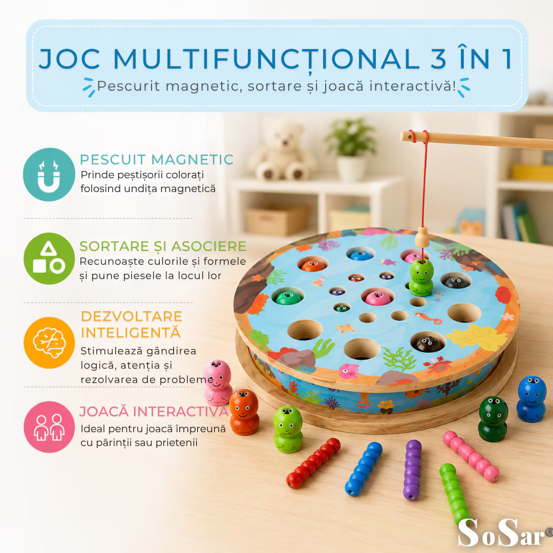 Joc educativ 3-în-1 Sosar® din lemn: pescuit magnetic, șah și sortare culori
