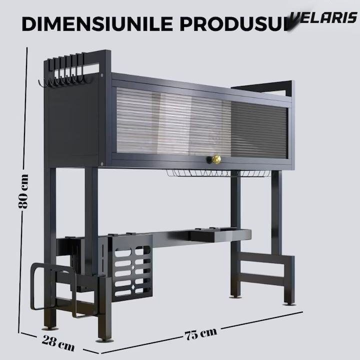 Scurgător de vase din inox, 3 niveluri, cu ușă rabatabilă anti-praf și suport lateral pentru cuțite